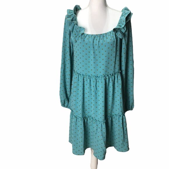J.O.A. Women’s Size Medium Teal Ruffle Tiered Mini Dress Long Sleeve Style 15062 - Picture 10 of 16